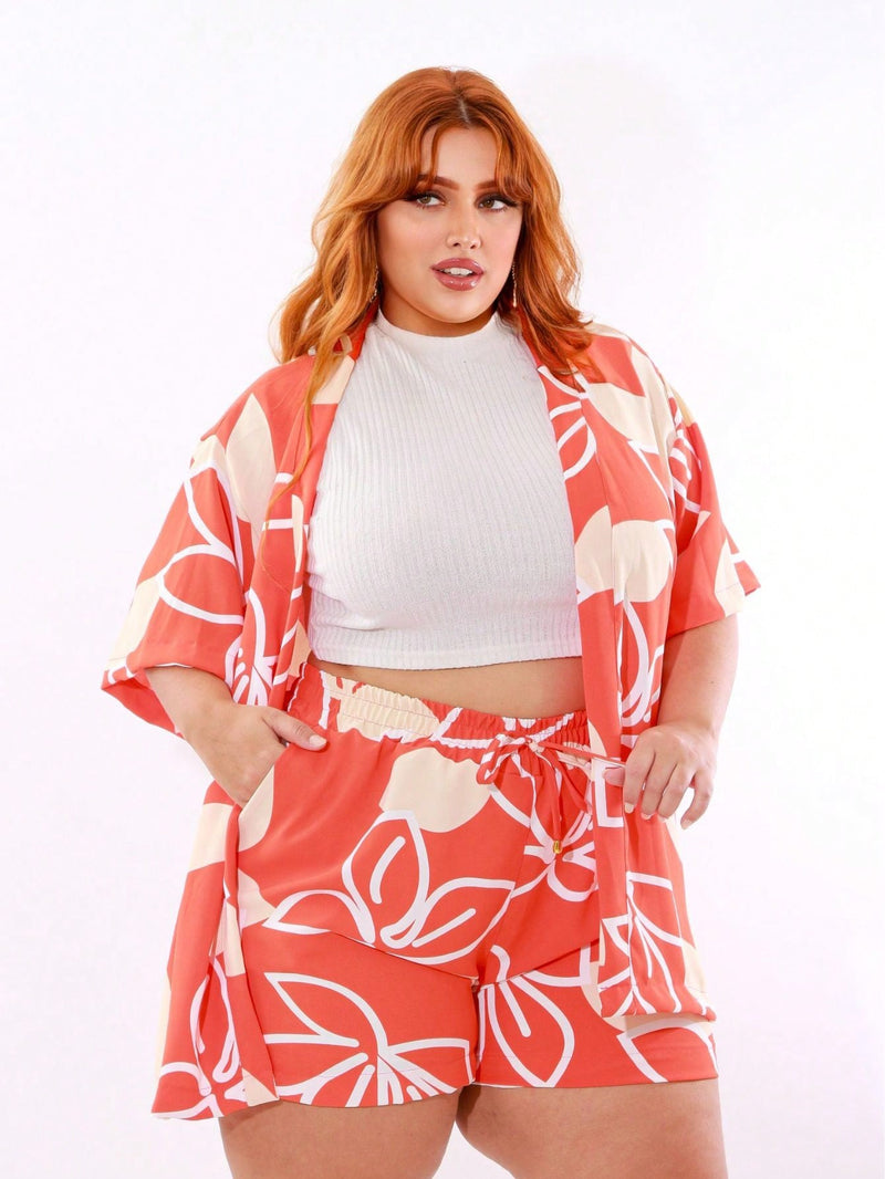 Conjunto Feminino Kimono/Cardigan e Short Plus Size